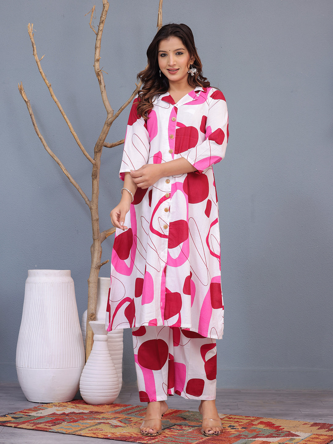 Mitrika White & Pink Abstract Print Cotton Co-ord Set