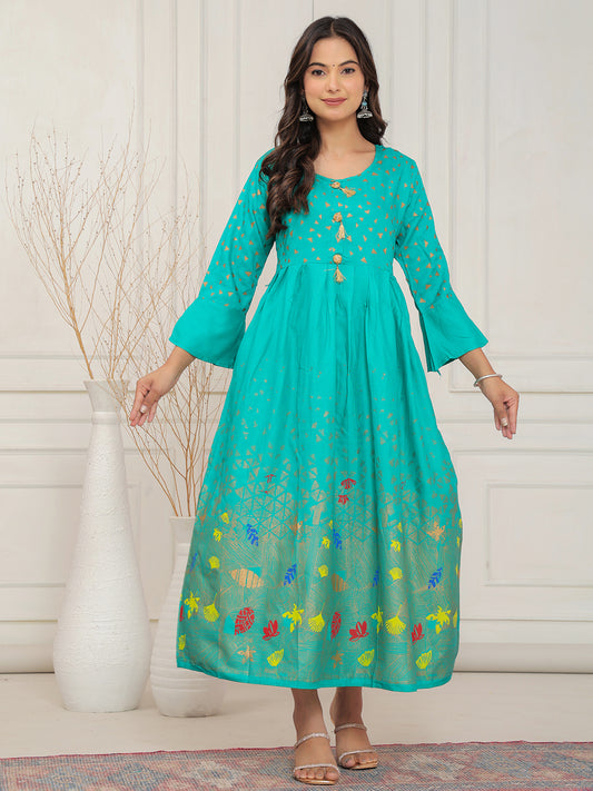 Mitrika Vibrant Sea Green Foil Print Anarkali Kurti with Tassel