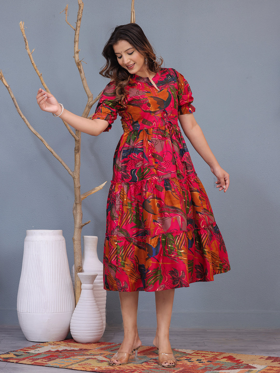 Mitrika Tropical Bloom Viscose Rayon Fit & Flare Midi Dress