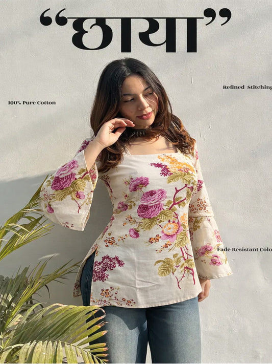 Romantic Floral Print Pure Cotton Square Neck And Bell Sleeve Top with Back Lace Up