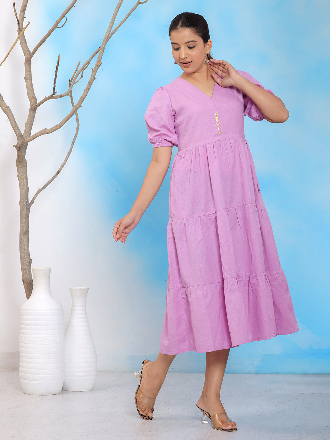 Mitrika Pink V-Neck Puff Sleeve with elastic Hem Midi Dress