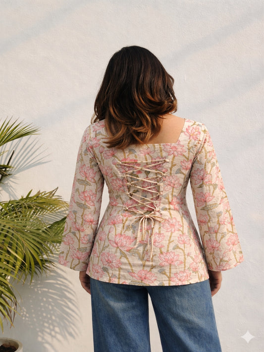 Elegant Pink Lotus Print Kurti Square Neck And Bell Sleeve Top with Back Lace Up