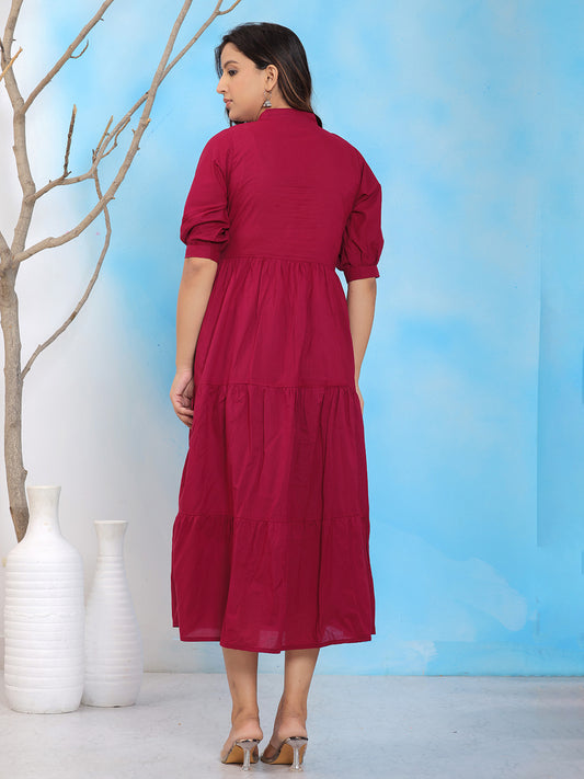 Mitrika Wine Mandarin Collar Tiered Cotton A-Line Midi Dress