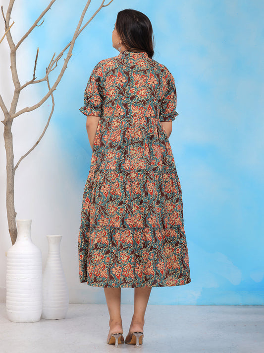 Mitrika Rust Floral Printed Fit & Flare Cotton Midi Dress
