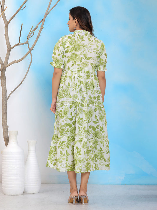 Mitrika White & Green Leaf Printed Cotton Tiered Midi Dress