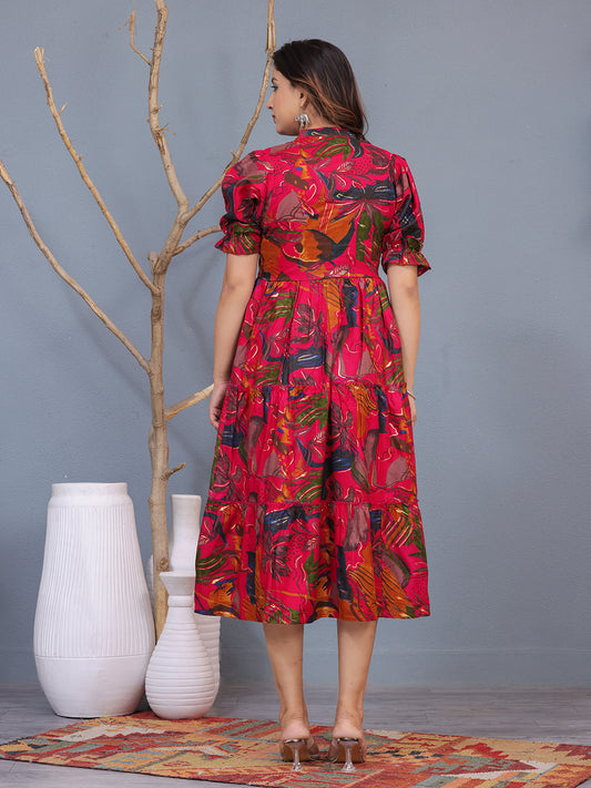 Mitrika Tropical Bloom Viscose Rayon Fit & Flare Midi Dress