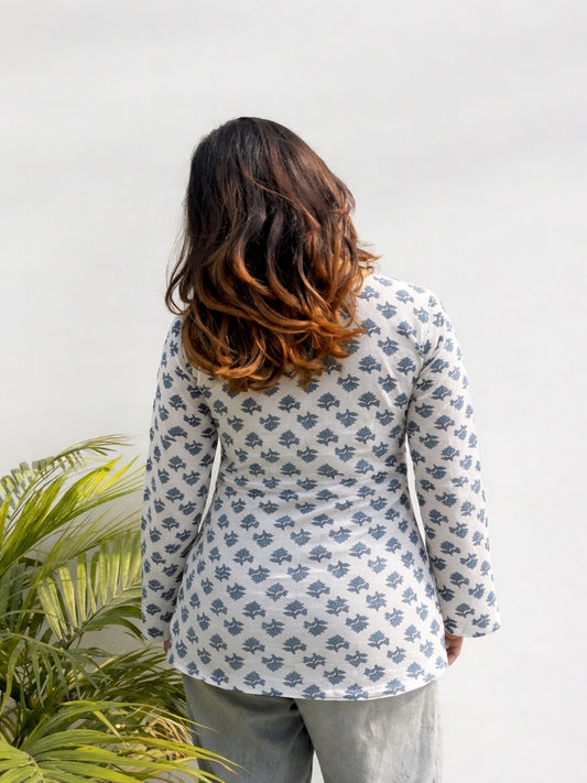 Women Blue Floral Print V-Neck Pure Cotton Top with Bell Sleeves