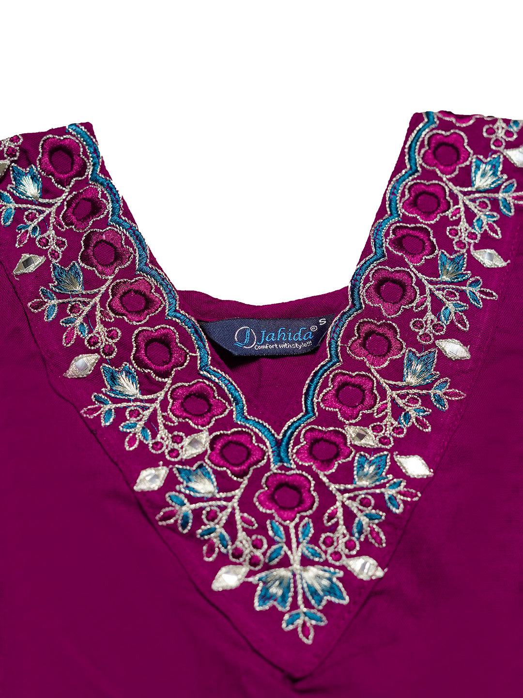 Mitrika Wine Cotton A-Line Flared Embroidered Midi Dress