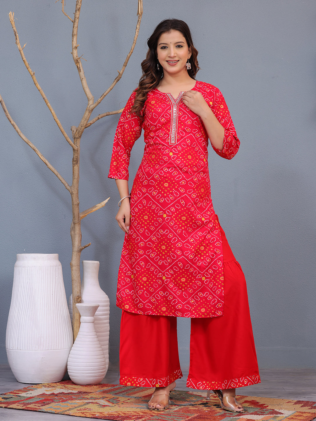 Mitrika Red Bandhani Print Kurta with Sharara Set