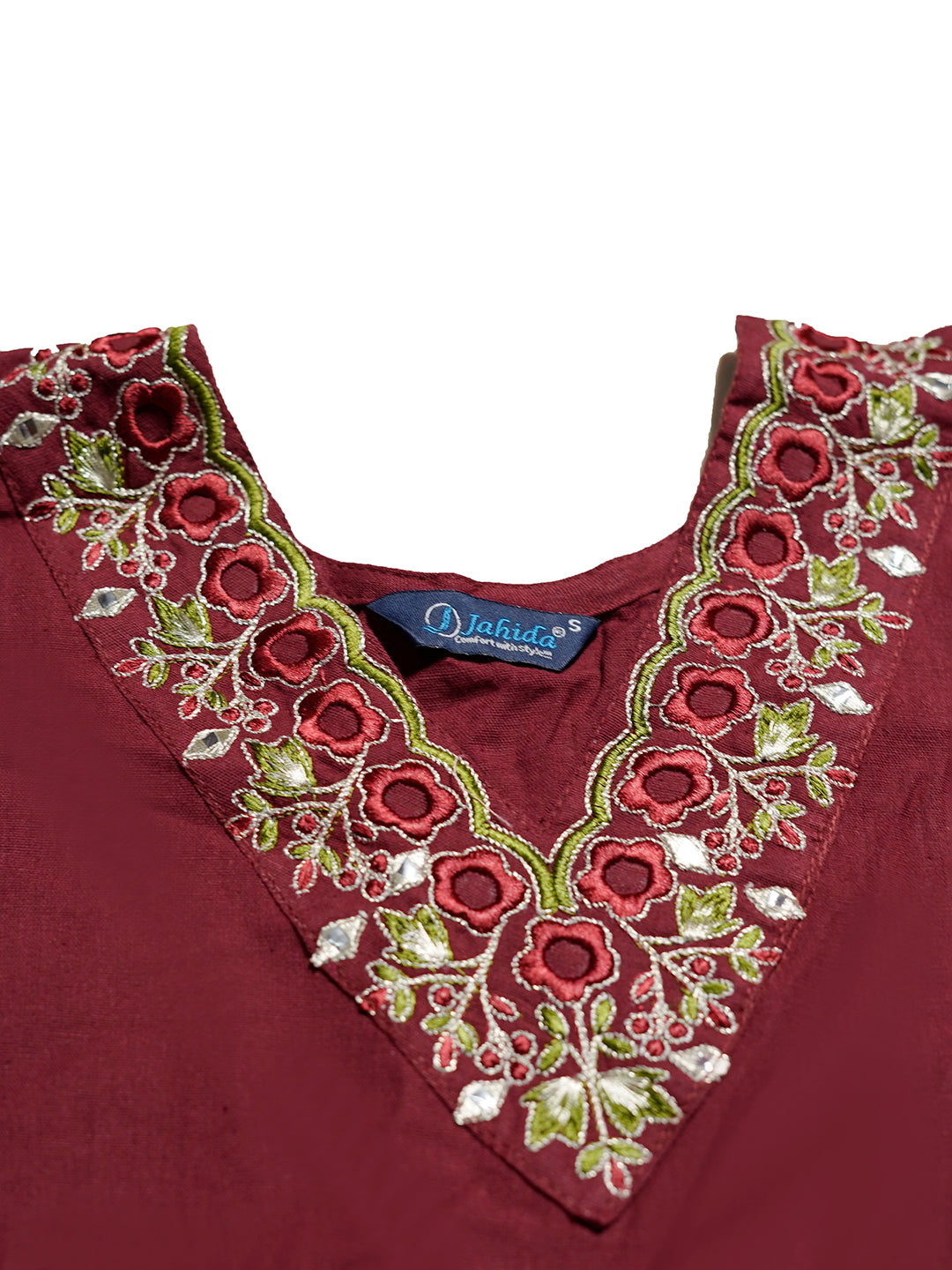 Mitrika Elegant Maroon Cotton A-Line Embroidered Midi Dress