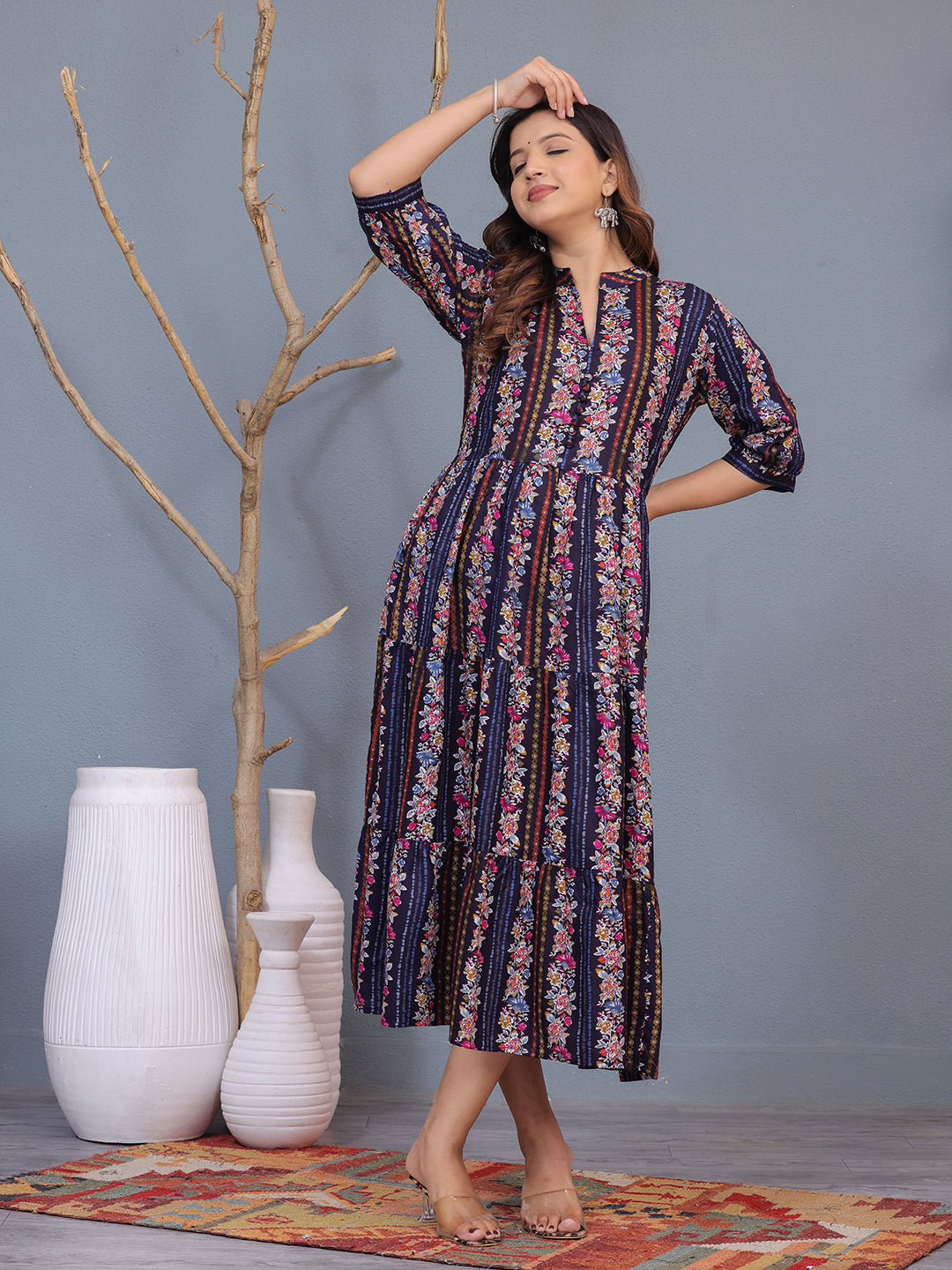 Mitrika Midnight Blue Floral stripes Viscose Rayon Fit & Flare Midi Dress