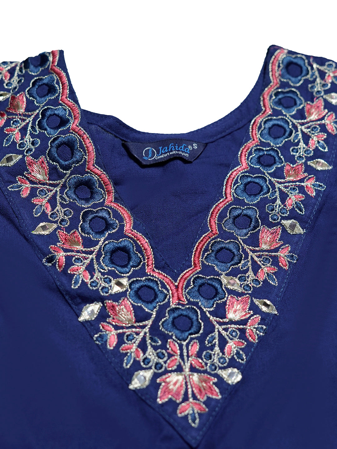 Mitrika Navy Blue Cotton Tiered Dress with Floral Embroidery