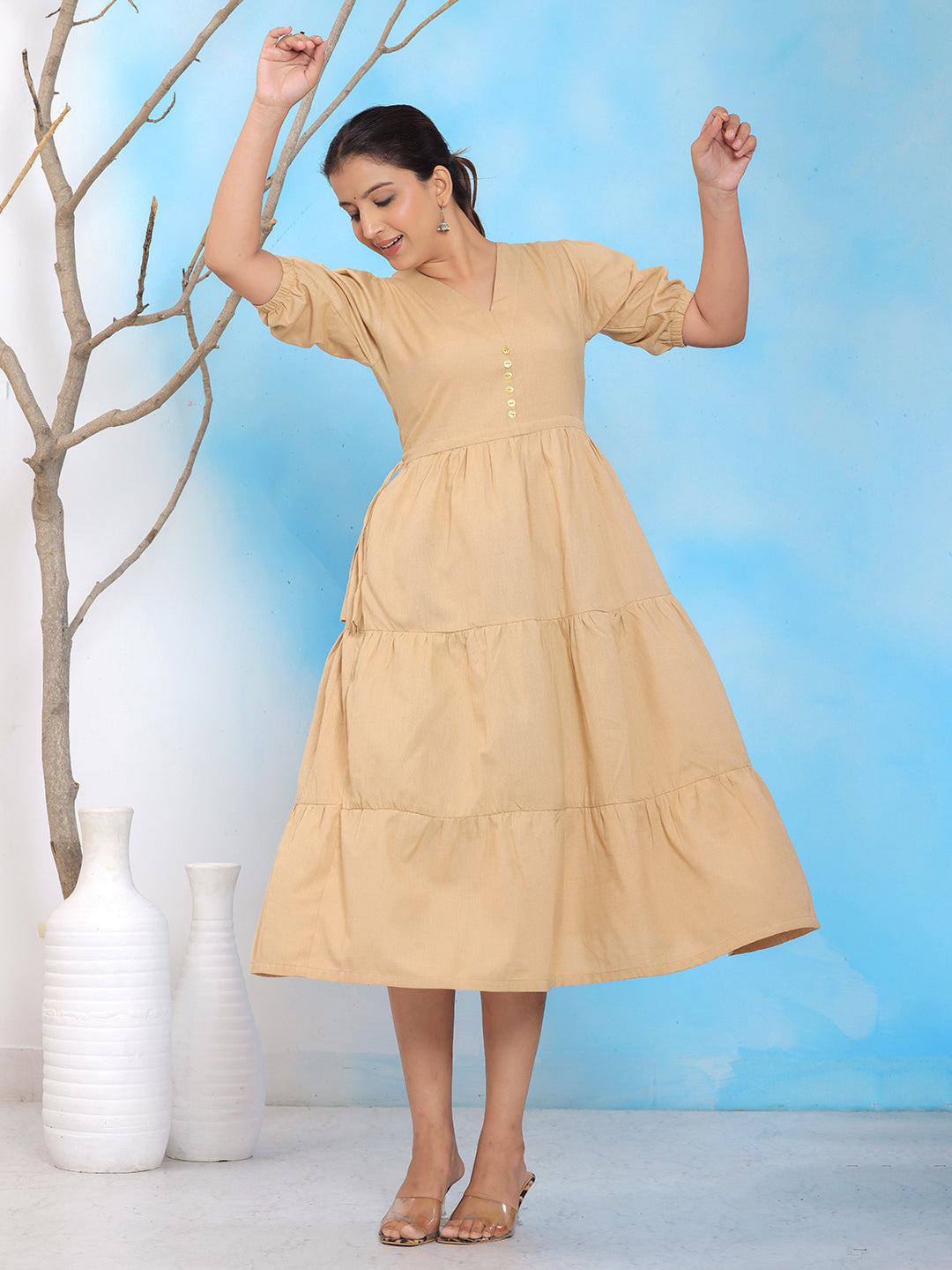 Mitrika Beige Tiered Cotton Midi Dress with Puff Sleeves Mitrika Beige Tiered Cotton Midi Dress with Puff Sleeves