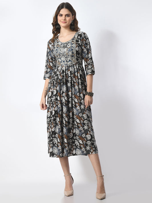 Woman wearing a floral dress on a white background