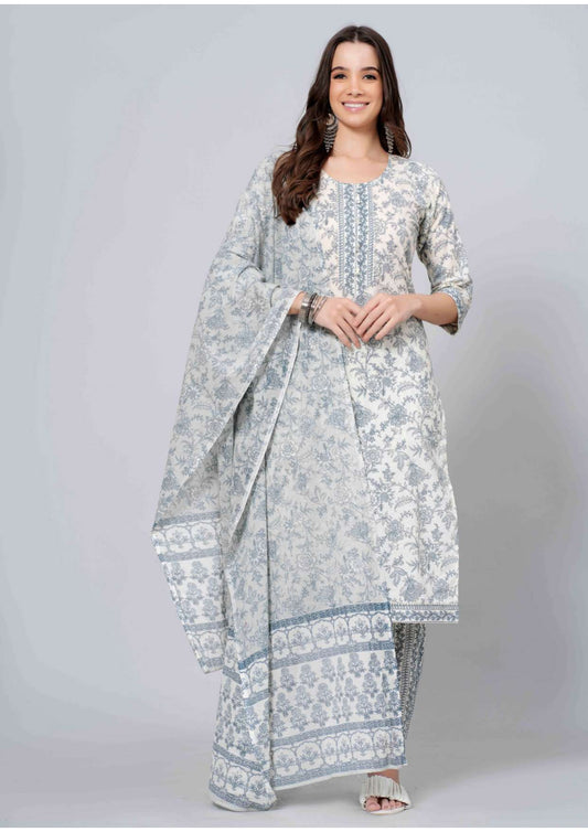 Mitrika Elegance White & Grey Floral Printed Cotton Kurta Set with Dupatta