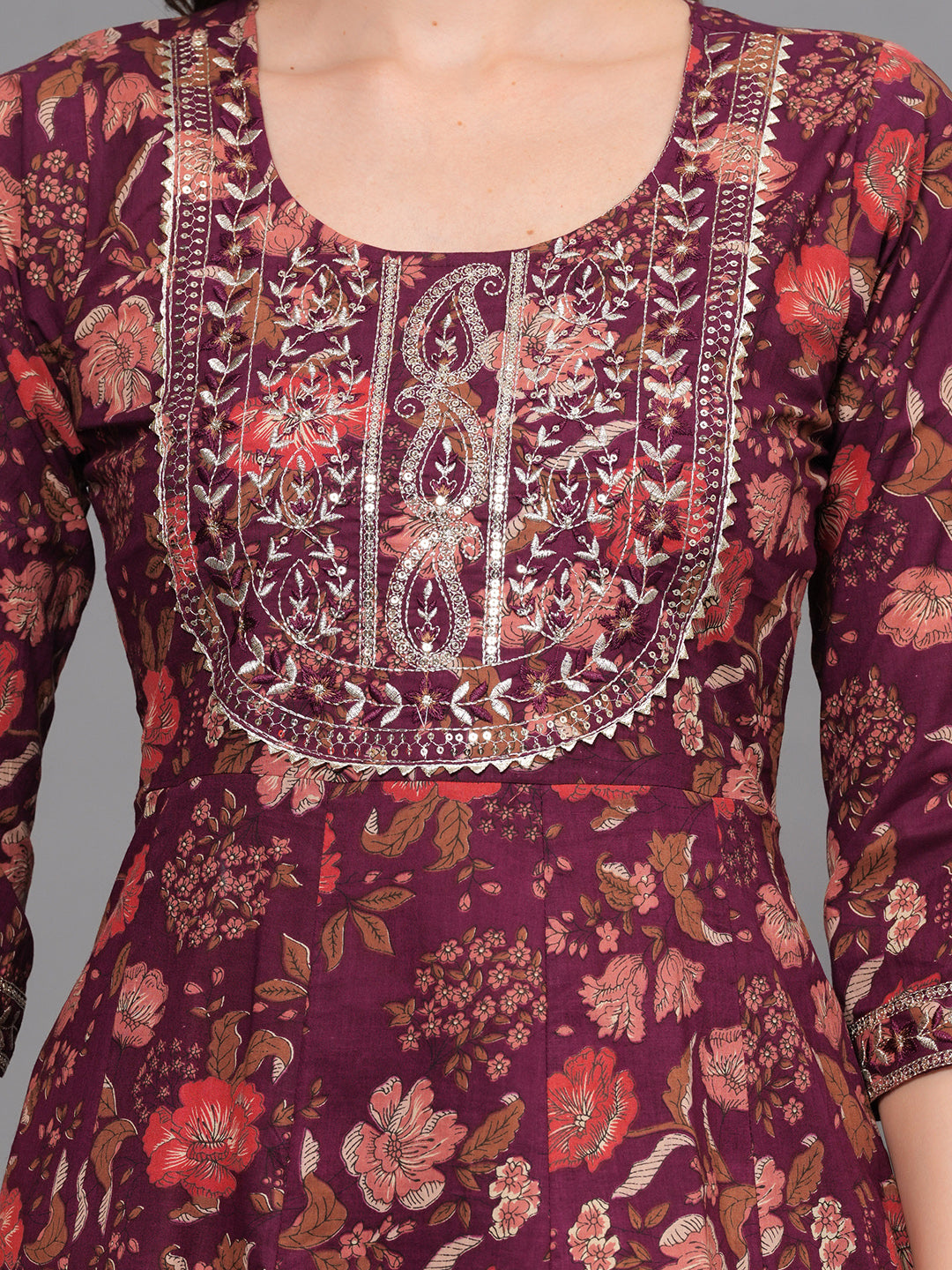 Mitrika Elegant Maroon Floral Printed Anarkali Kurta Set