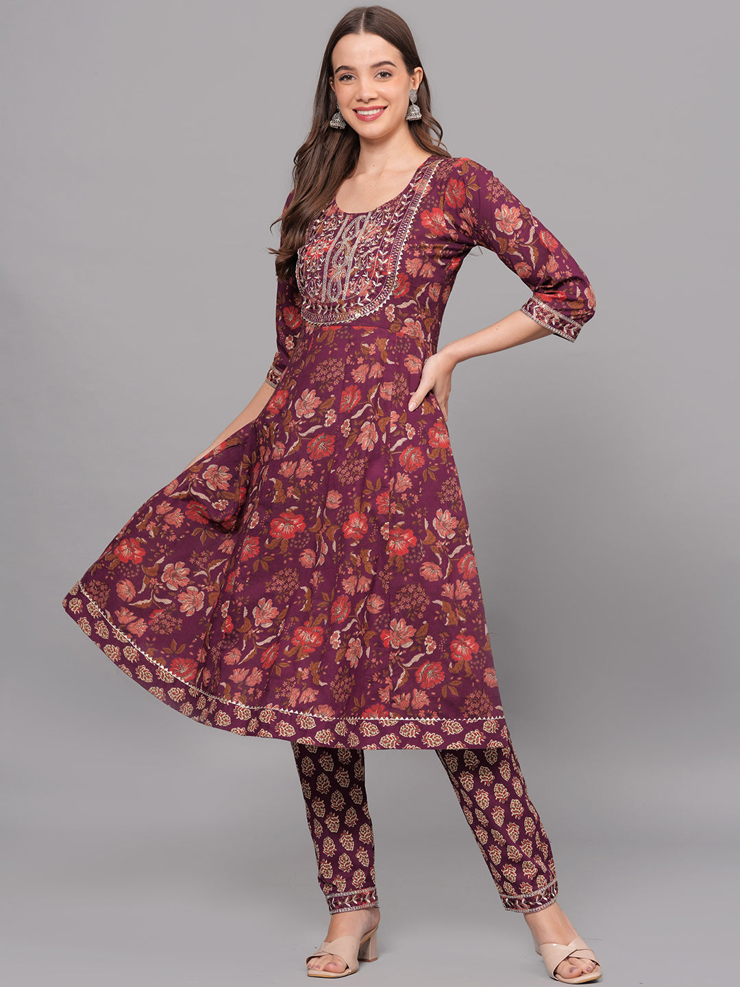 Mitrika Elegant Maroon Floral Printed Anarkali Kurta Set