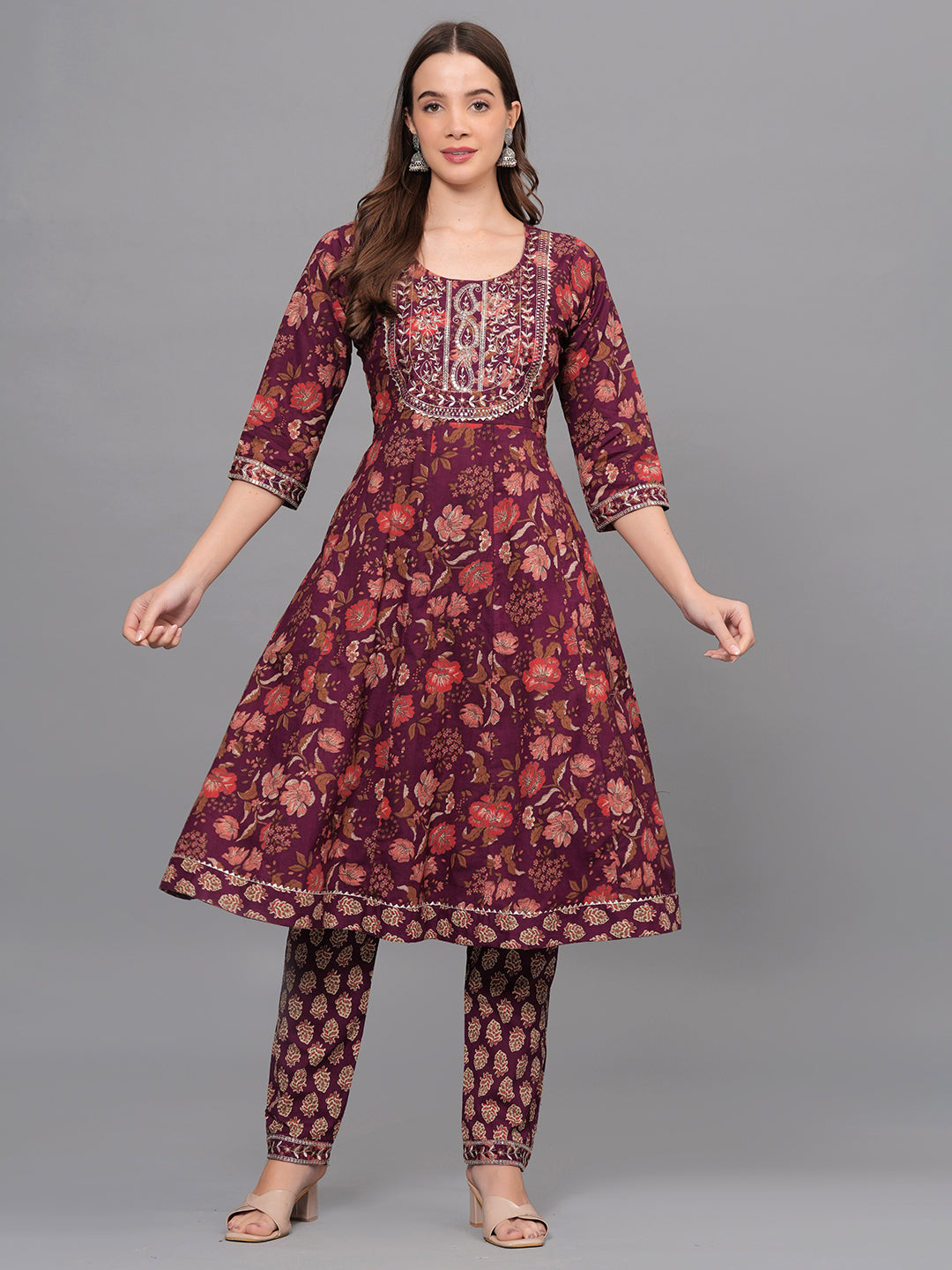 Mitrika Elegant Maroon Floral Printed Anarkali Kurta Set