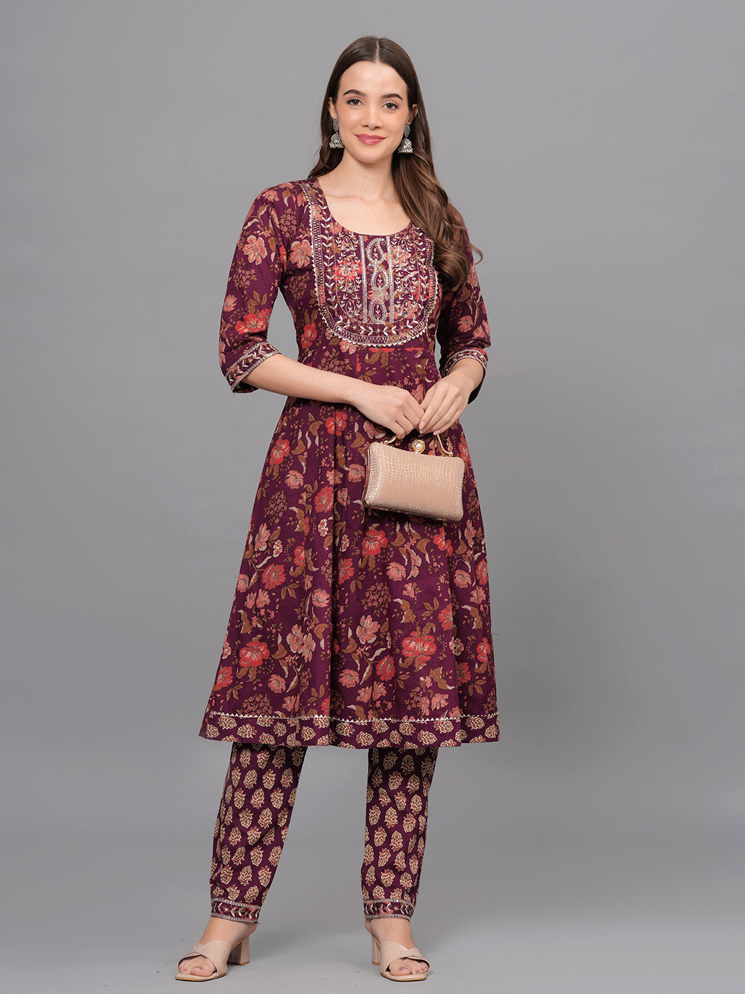 Mitrika Elegant Maroon Floral Printed Anarkali Kurta Set
