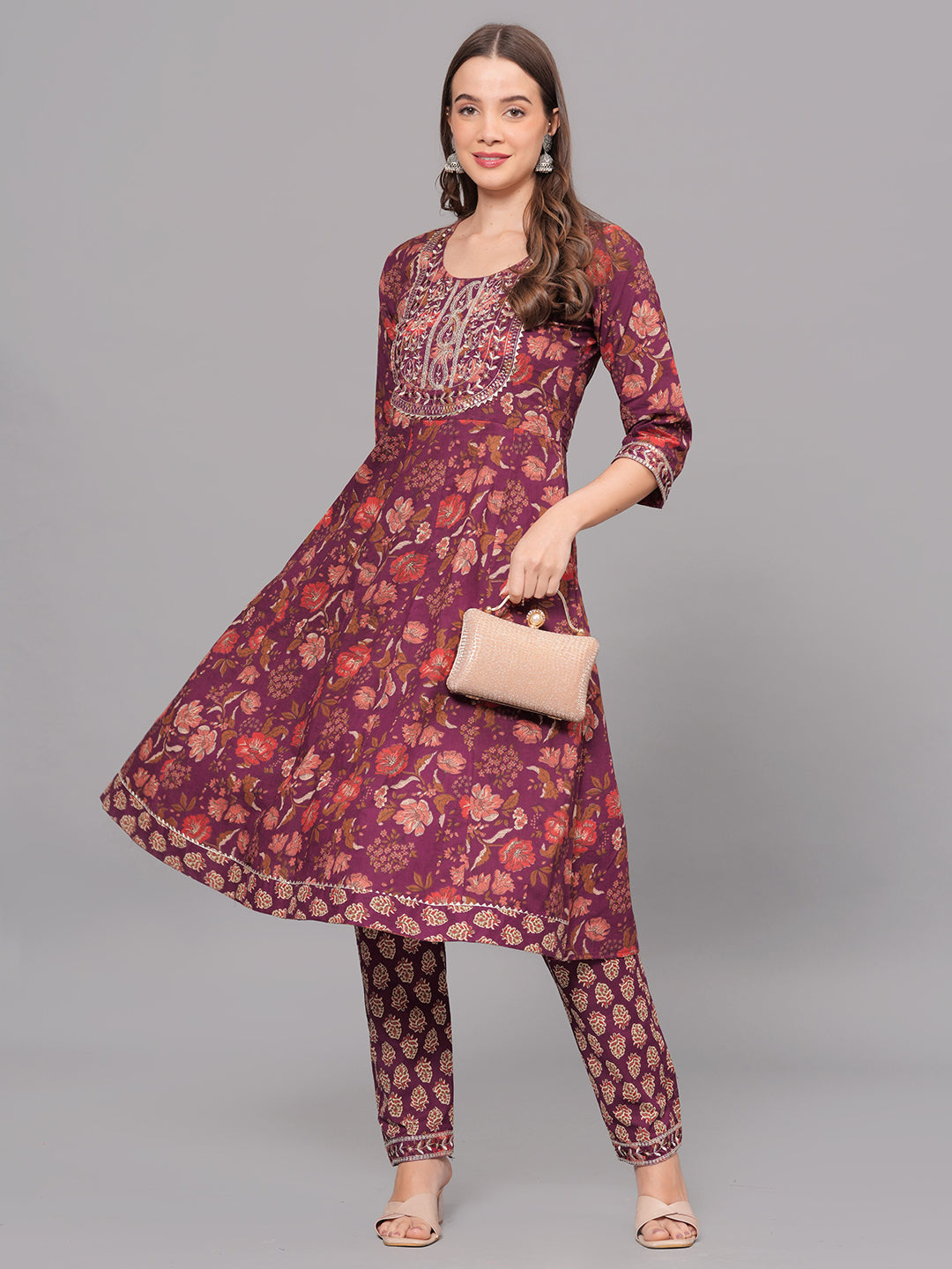 Mitrika Elegant Maroon Floral Printed Anarkali Kurta Set
