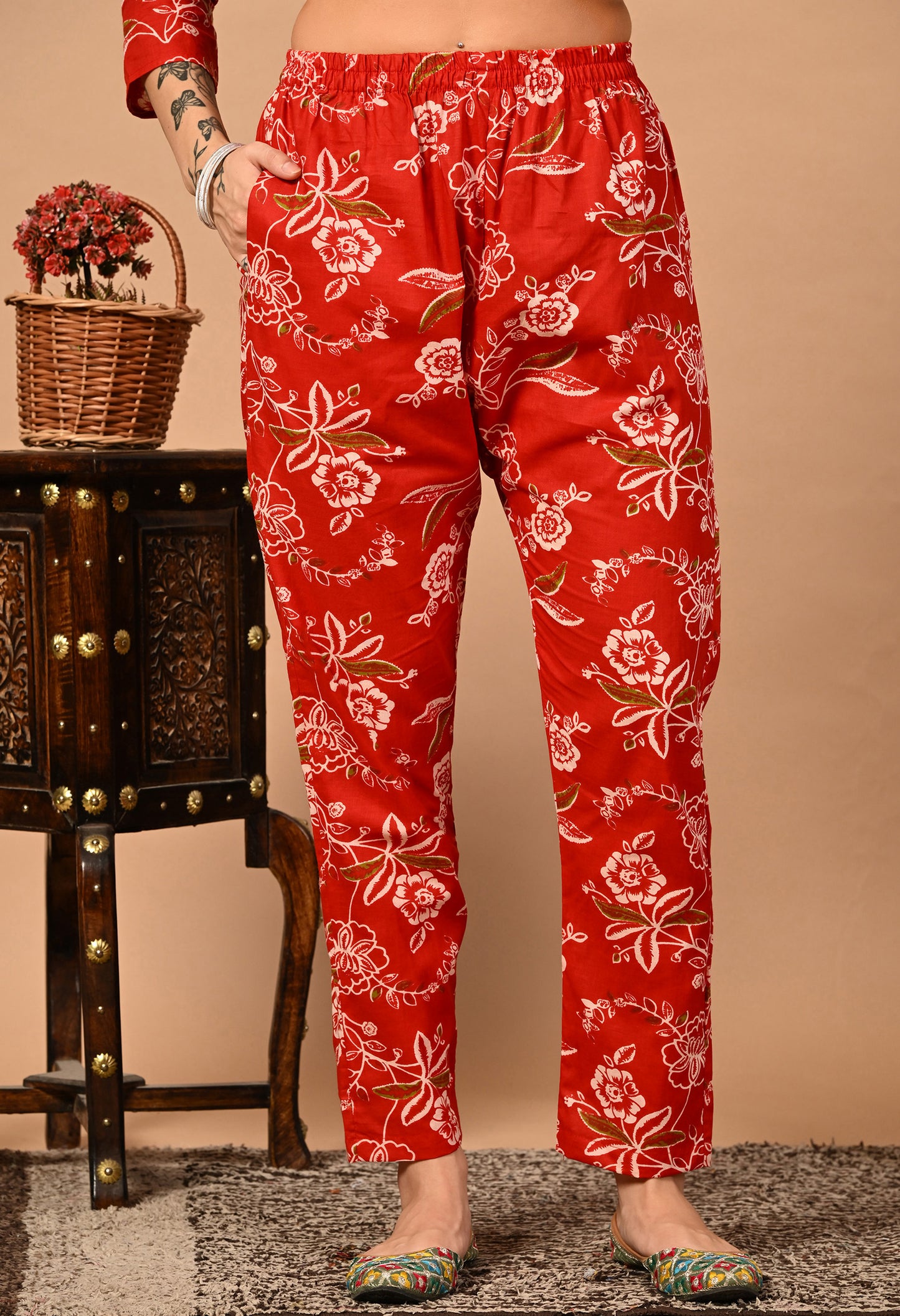 Mitrika Crimson Red Floral Printed Cotton Co-Ord Set