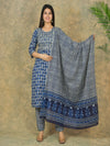Mitrika Elegant Indigo Blue Printed Cotton Kurta Set with Floral Border Dupatta