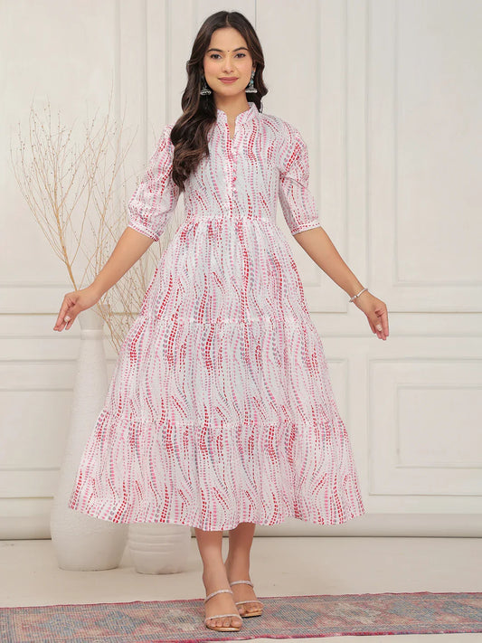 White red printed dress, abstract print midi dress, tiered midi dress, button down summer dress, A-line printed dress, casual printed dress, 3/4 sleeve midi dress, lightweight cotton dress, style midi dress, resort wear dress, flowy printed dress, vacation outfit, ethnic print dress, stylish casual dress for women, breezy summer dress. > Mitrika