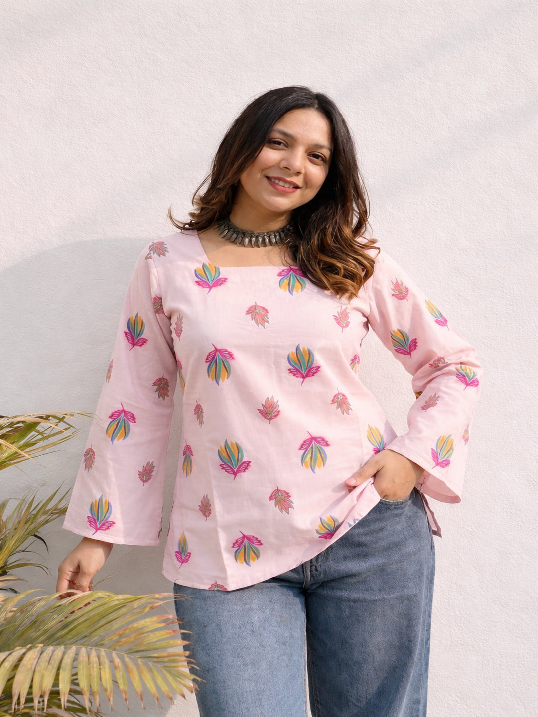 stylish short kurti top , hip lenght kurti, full bell sleeve kurti top, trendy for women ,stylish printed short kurti for daily wear, trendy top with back lace up , > Mitrika