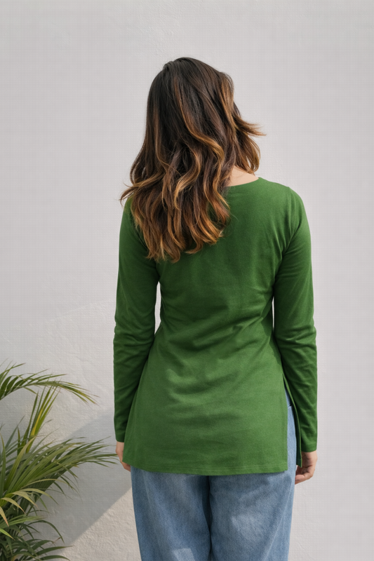 Straight regular fit green cotton short kurti for women