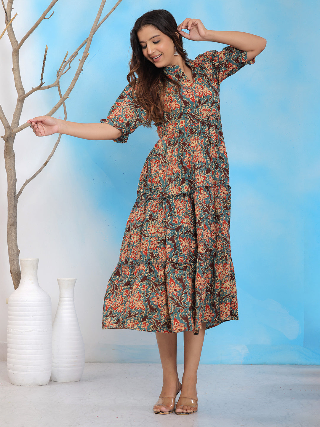 Mitrika Rust Floral Printed Fit & Flare Cotton Midi Dress Mitrika Rust Floral Printed Fit & Flare Cotton Midi Dress