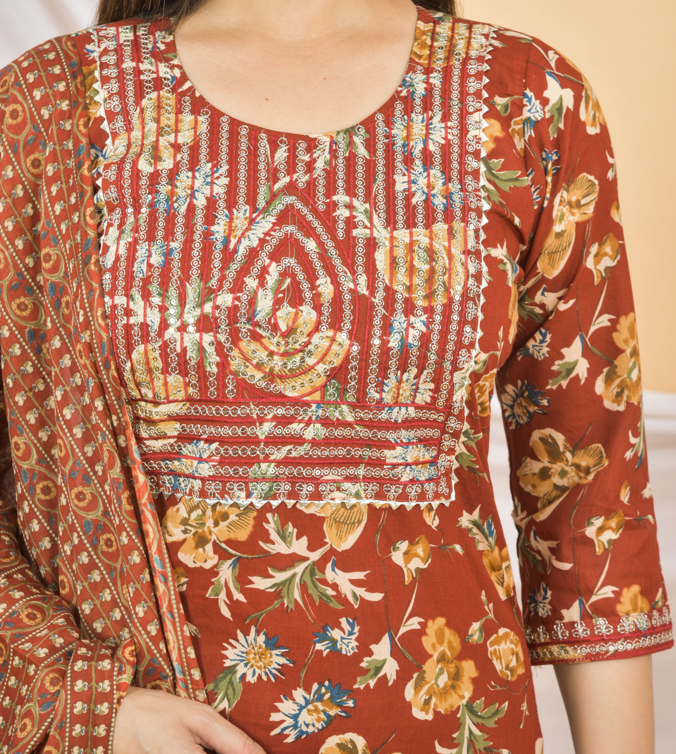 Mitrika Elegant Rust Printed Cotton Kurta Set with Dupatta – Ethnic Charm Redefined