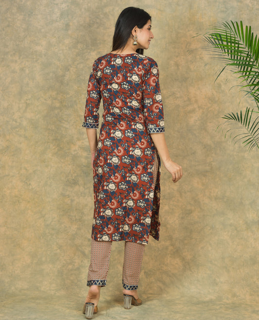 Mitrika Rust & Blue Floral Cotton Printed Kurta Set with Geometric Dupatta