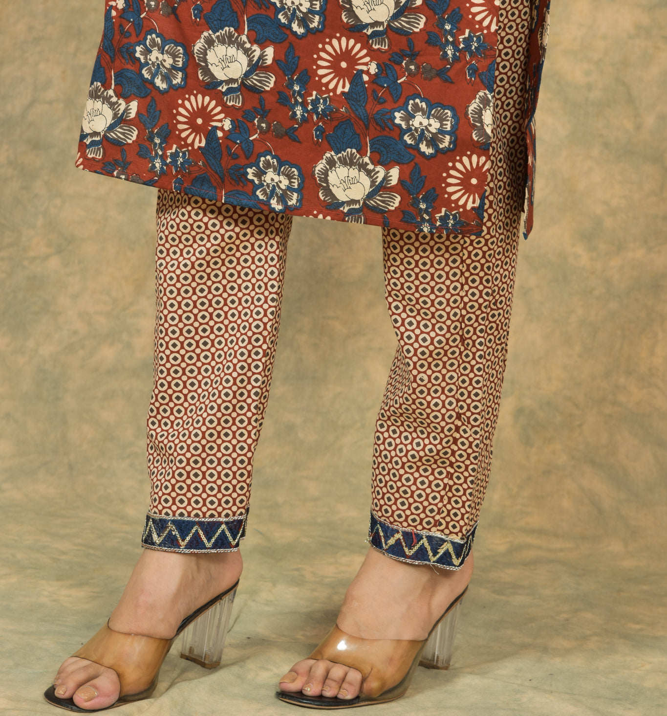 Mitrika Rust & Blue Floral Cotton Printed Kurta Set with Geometric Dupatta