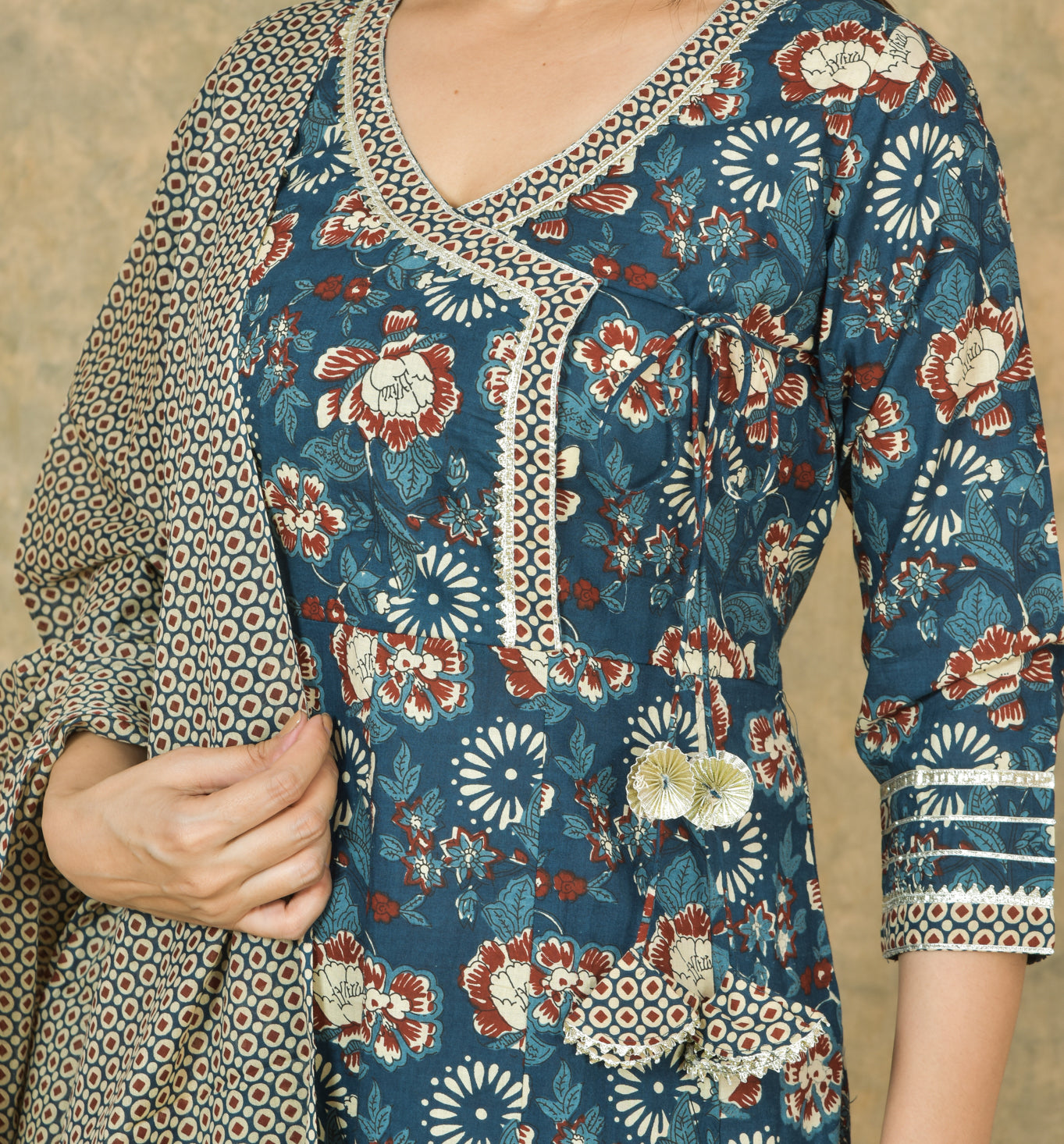 Mitrika Graceful Teal & Beige Floral Cotton Printed kurta set with Dupatta