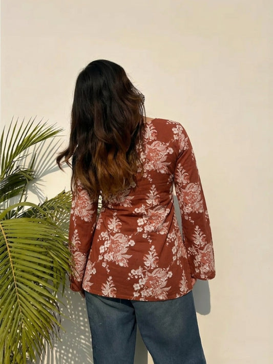 Women Brown Floral Print V-Neck Pure Cotton Kurta Top with Bell Sleeves
