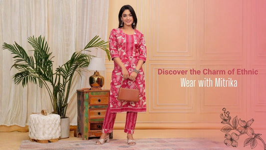 Model styled in a pink floral printed ethnic kurta and pant set, showcasing Mitrika’s comfortable and elegant everyday ethnic wear.