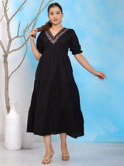 Mitrika Elegant Black Embroidered A-Line Tiered Midi Dress