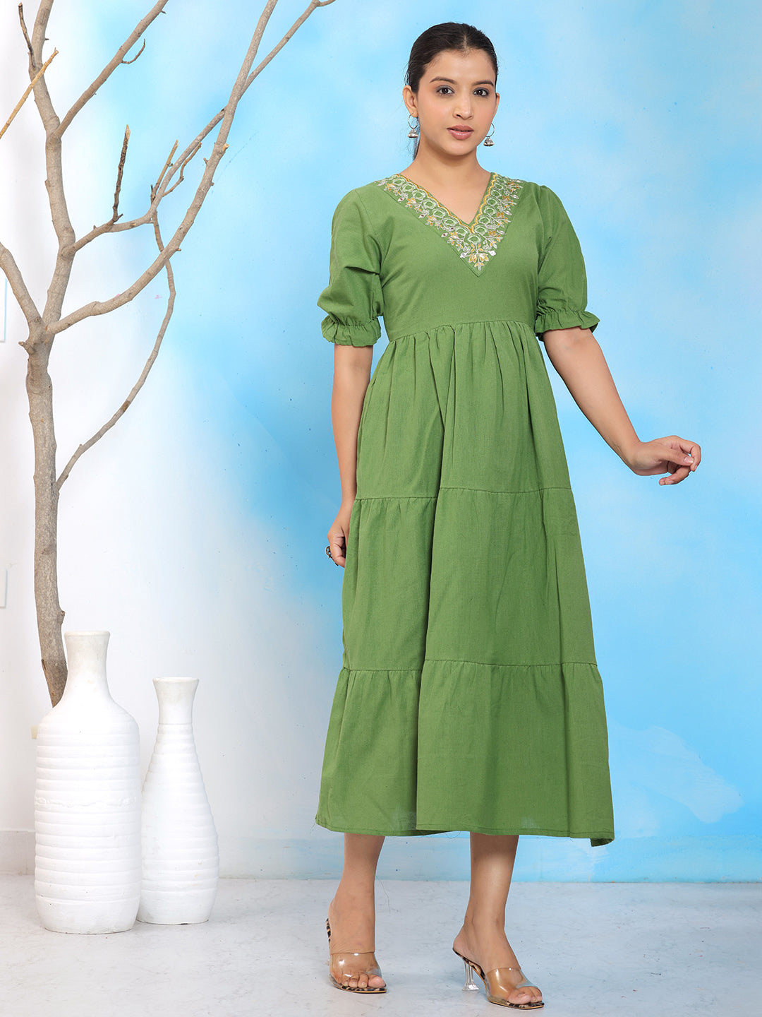 Mitrika Elegant Green Embroidered V-Neck Tiered Cotton Midi Dress