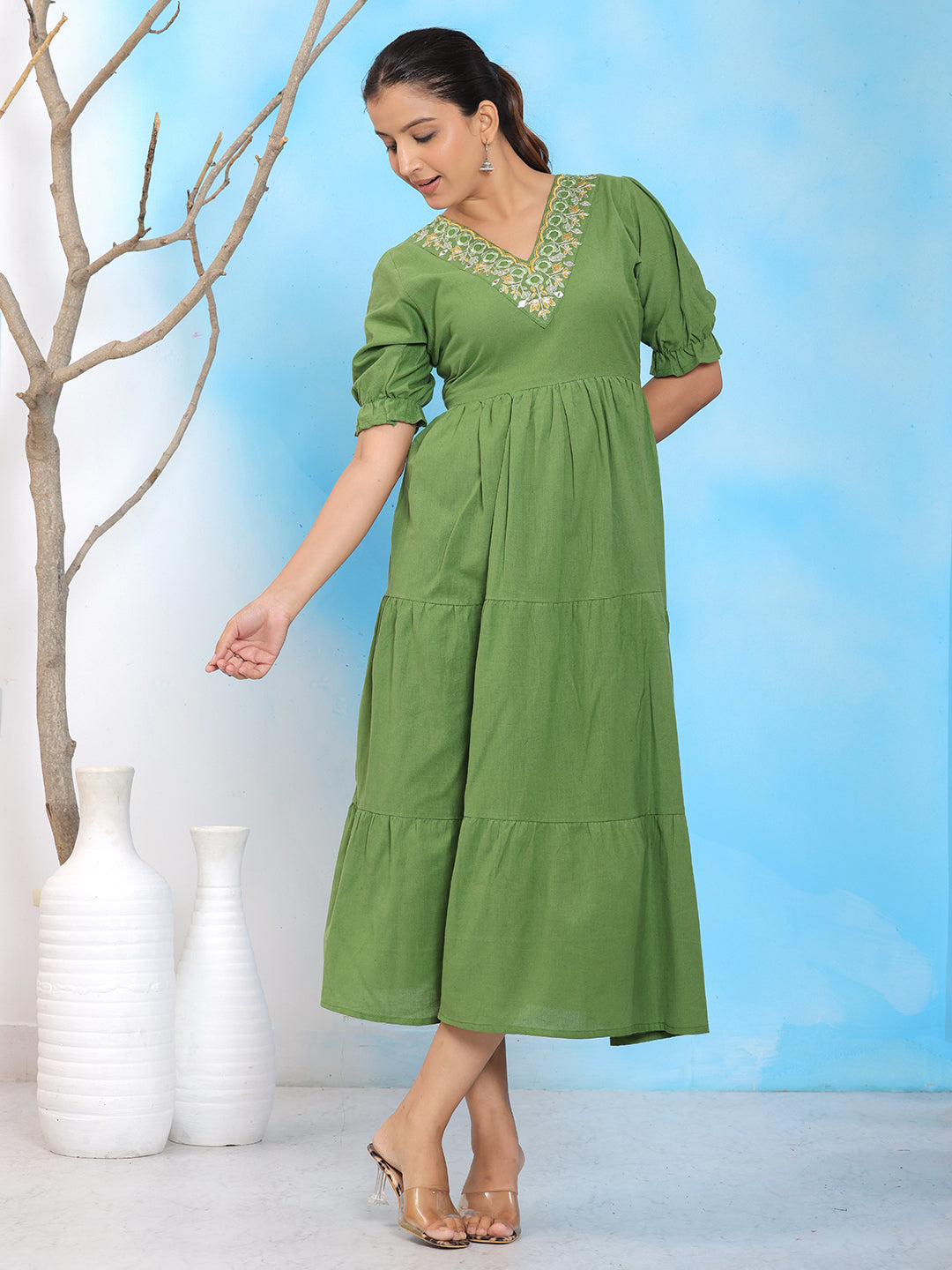 Mitrika Elegant Green Embroidered V-Neck Tiered Cotton Midi Dress