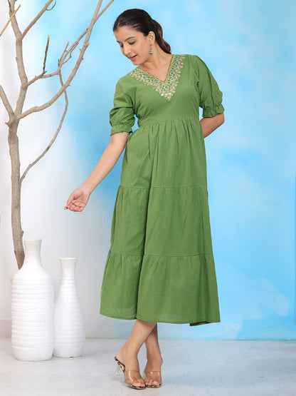 Mitrika Elegant Green Embroidered V-Neck Tiered Cotton Midi Dress