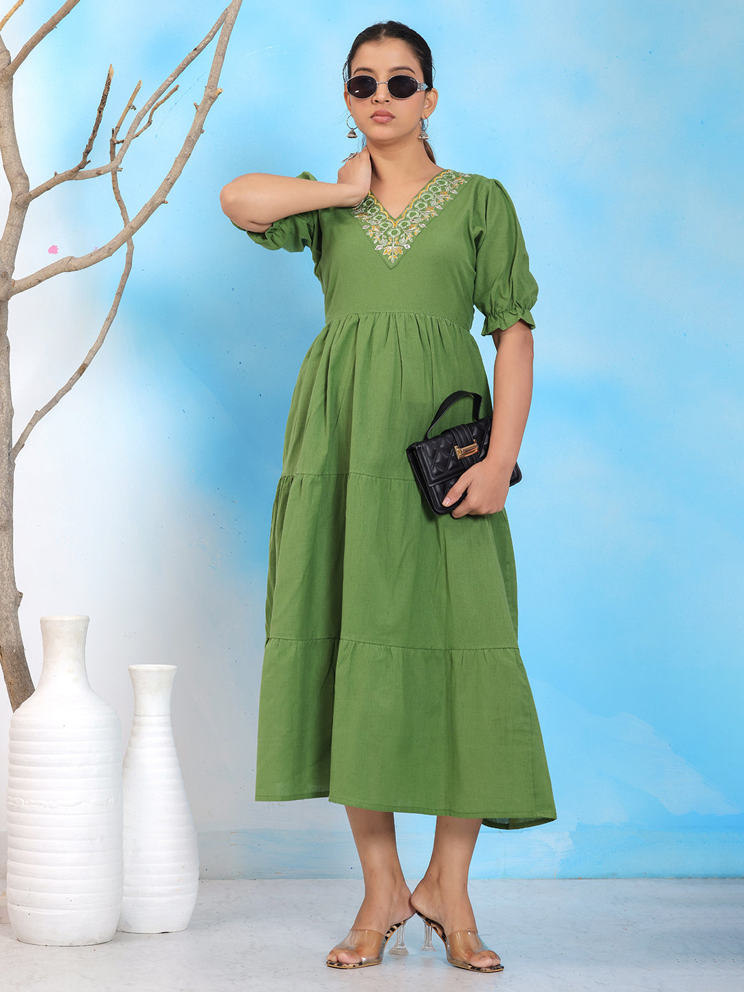 Mitrika Elegant Green Embroidered V-Neck Tiered Cotton Midi Dress