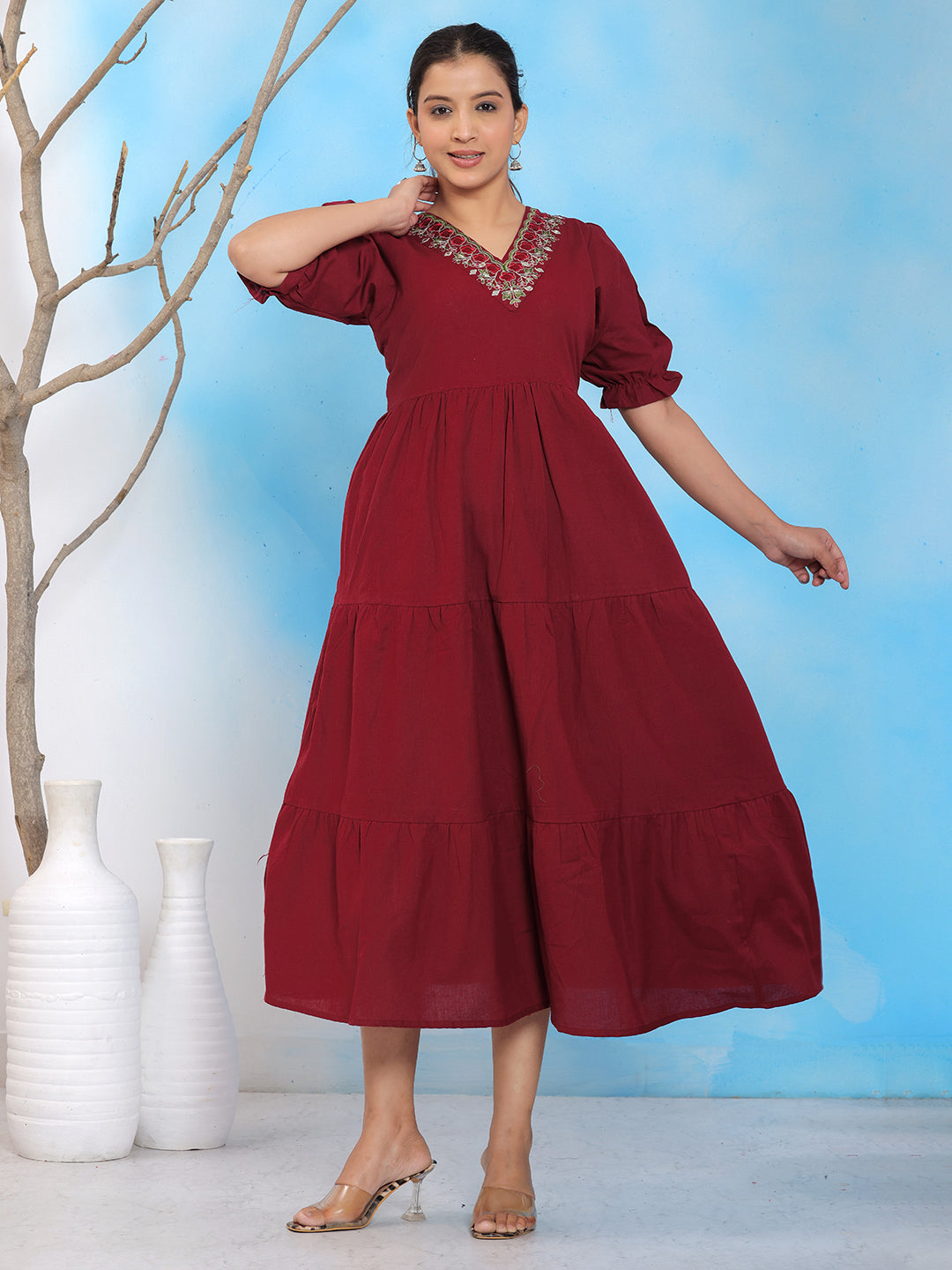 Mitrika Elegant Maroon Cotton A-Line Embroidered Midi Dress