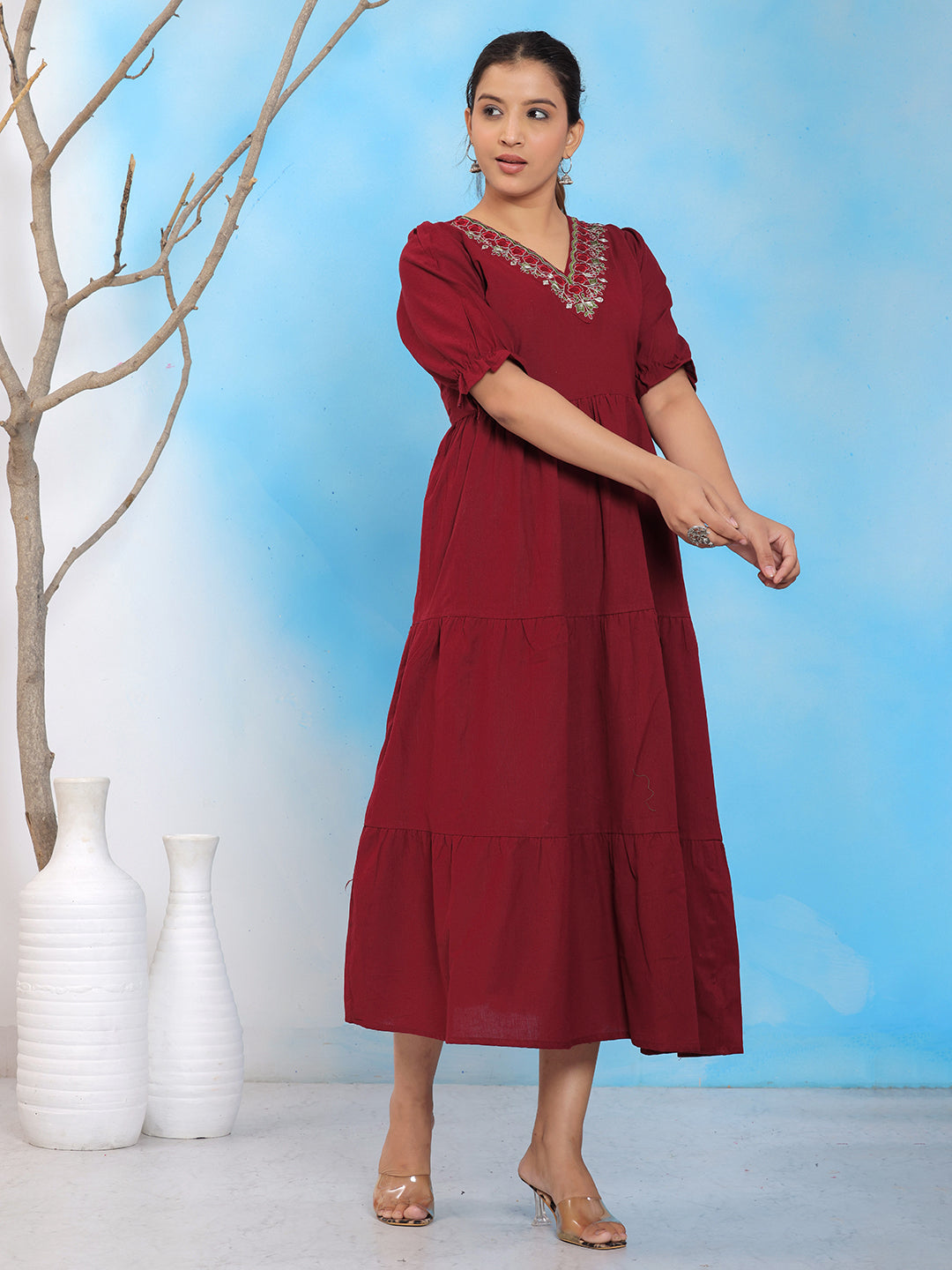 Mitrika Elegant Maroon Cotton A-Line Embroidered Midi Dress