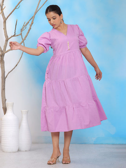 Mitrika Pink V-Neck Puff Sleeve with elastic Hem Midi Dress