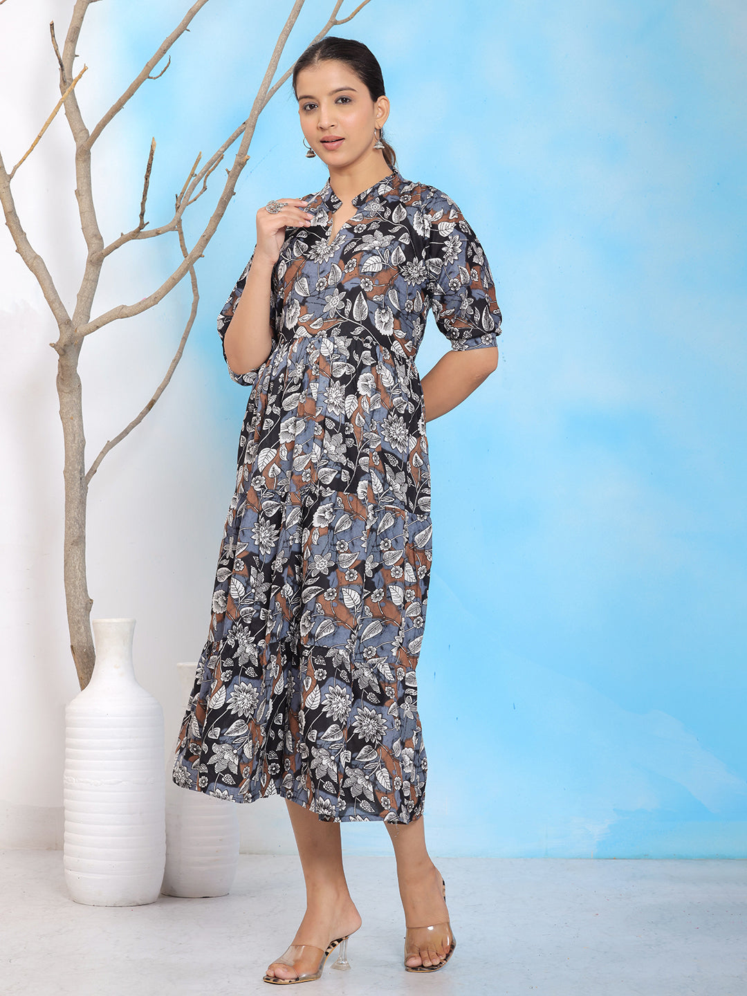 Mitrika Floral Printed Black A-Line Midi Dress with Puff Sleeves
