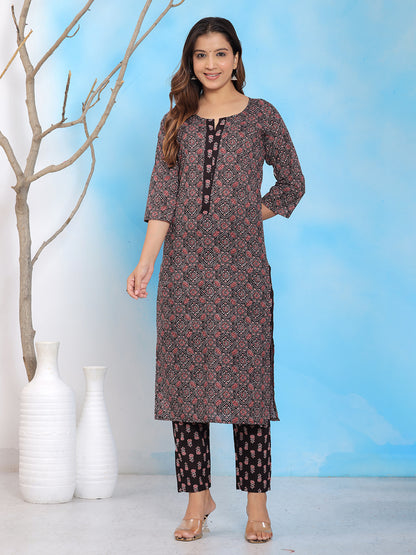 Mitrika Elegant Black Printed Cotton Kurta Set