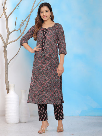 Mitrika Elegant Black Printed Cotton Kurta Set
