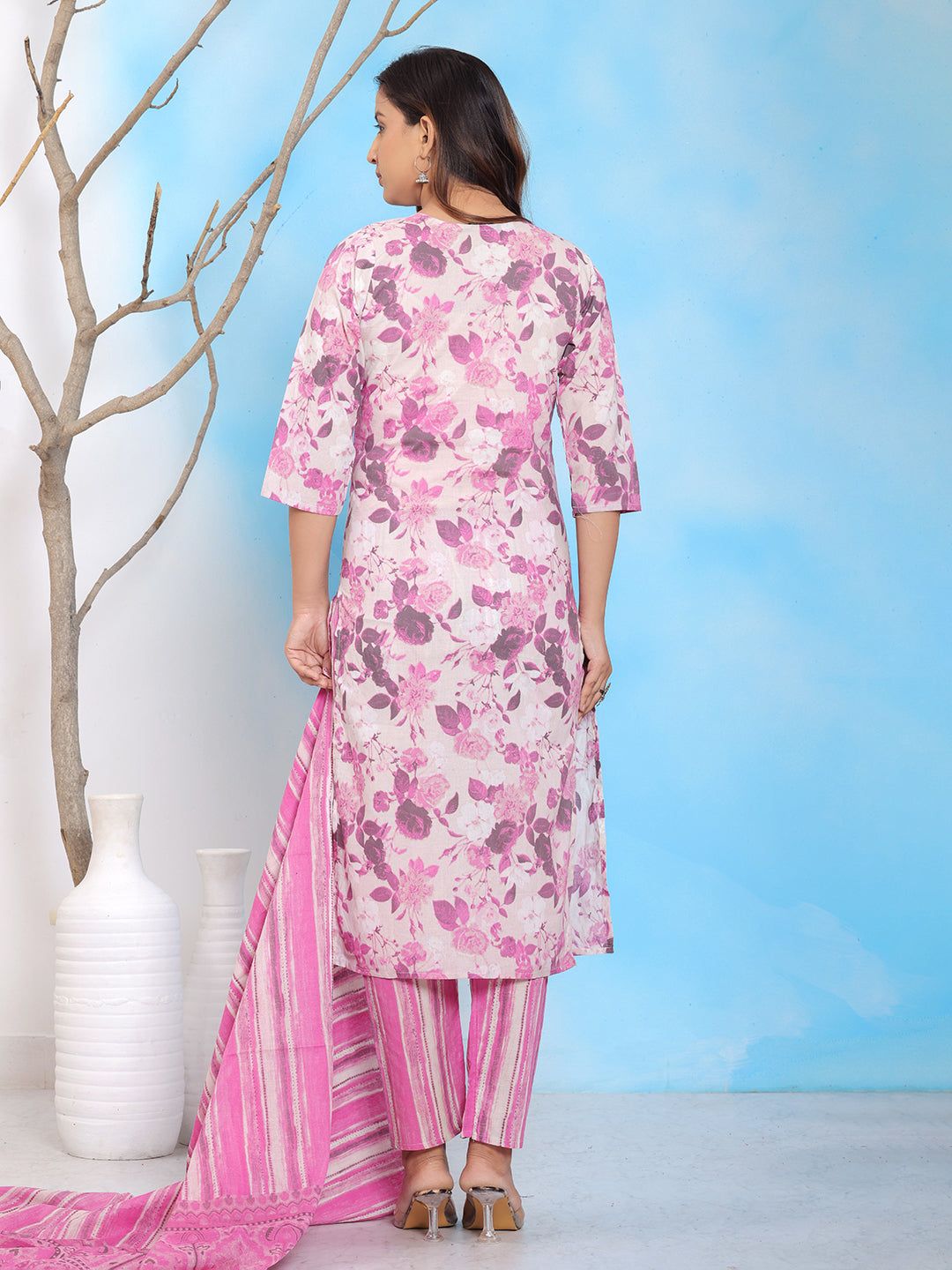 Mitrika Pink Floral Printed Cotton Kurta Set with Dupatta
