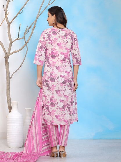 Mitrika Pink Floral Printed Cotton Kurta Set with Dupatta