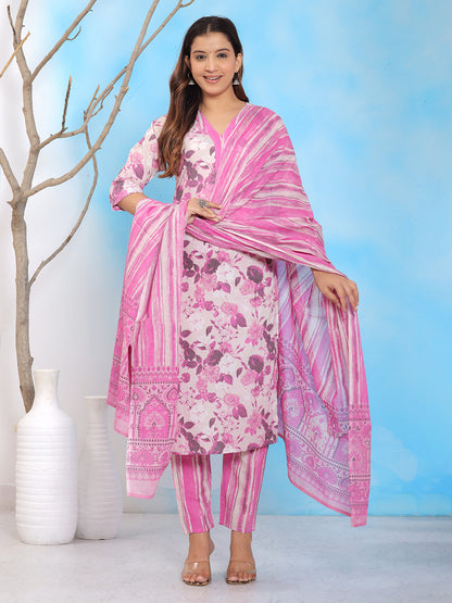 Mitrika Pink Floral Printed Cotton Kurta Set with Dupatta